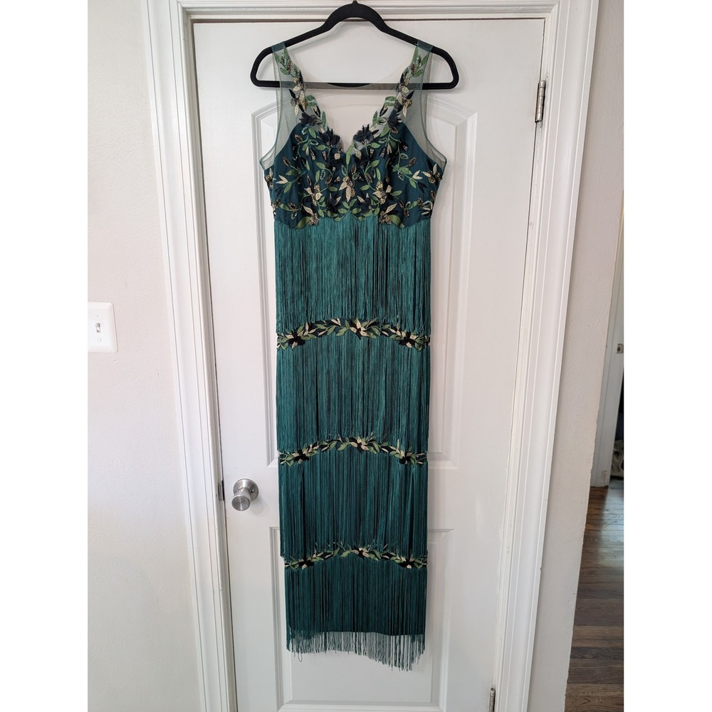 Marchesa Notte Emerald Green‎ Floral Beaded Fringe Flapper Dress Evening Gown 6